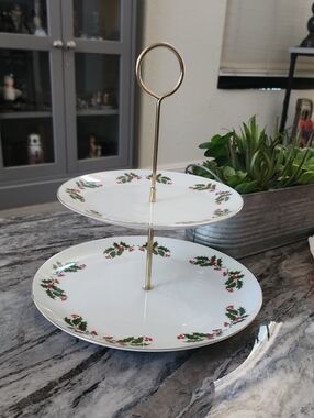 Porcelain Two-Tier Dessert Holiday Server Vintage. Mervyns Brand, 1980s